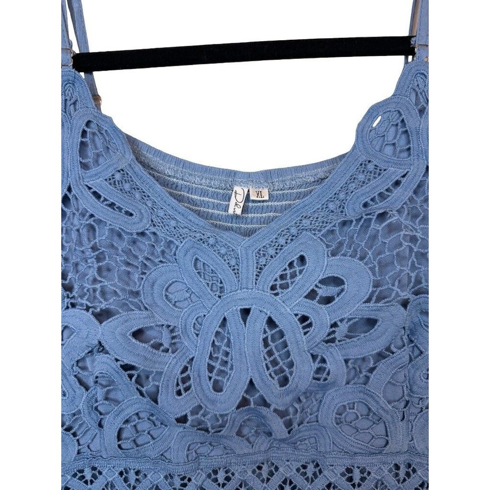 Blue Crochet Lace Bodice Tiered Midi Dress Boho Smocked Back Sundress Size XL - Picture 7 of 8